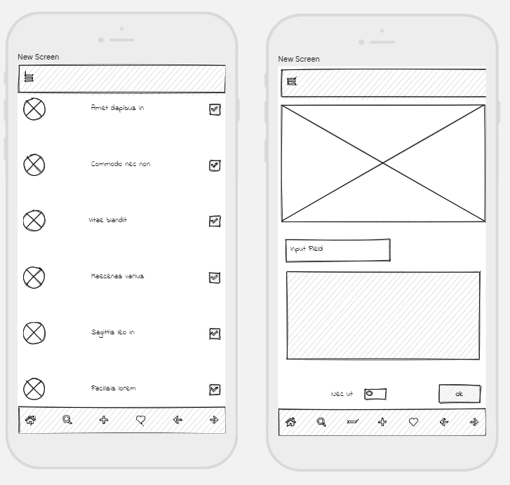 Ces deux écrans transformés en wireframe grâce au logiciel uizard